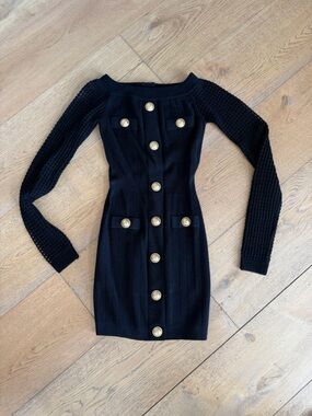 Balmain Black Long-Sleeve Double-Breasted Knit Dress with Gold Buttons